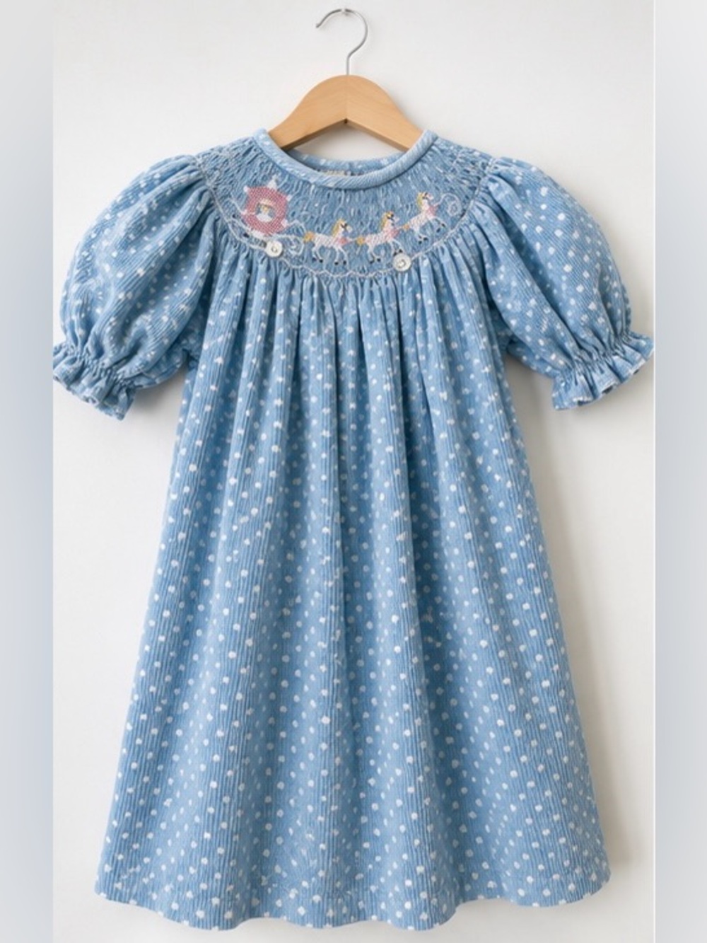 Amanda Remembered 18M Hand Smocked Cinderella Corduroy Dress Blue Polka Dot
